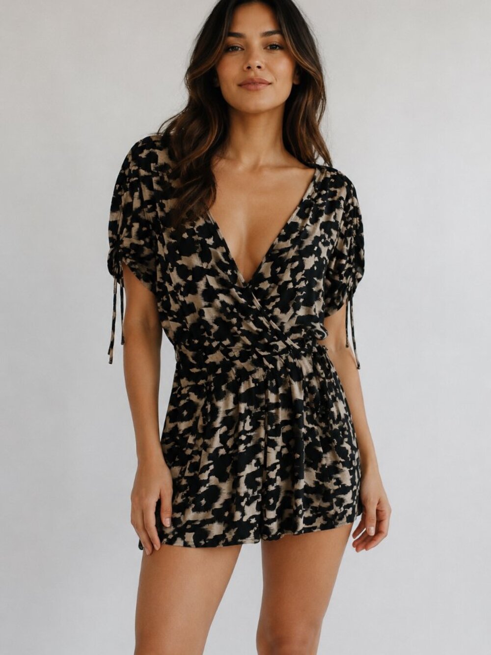 Market & Spruce Abstract Print Faux Wrap Romper Tie Sleeve Stretch Short Jumpsui